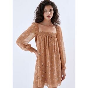 Aritzia Wilfred Chiffon Floral Square Neck Smocked Shift Mini Alana Dress LARGE